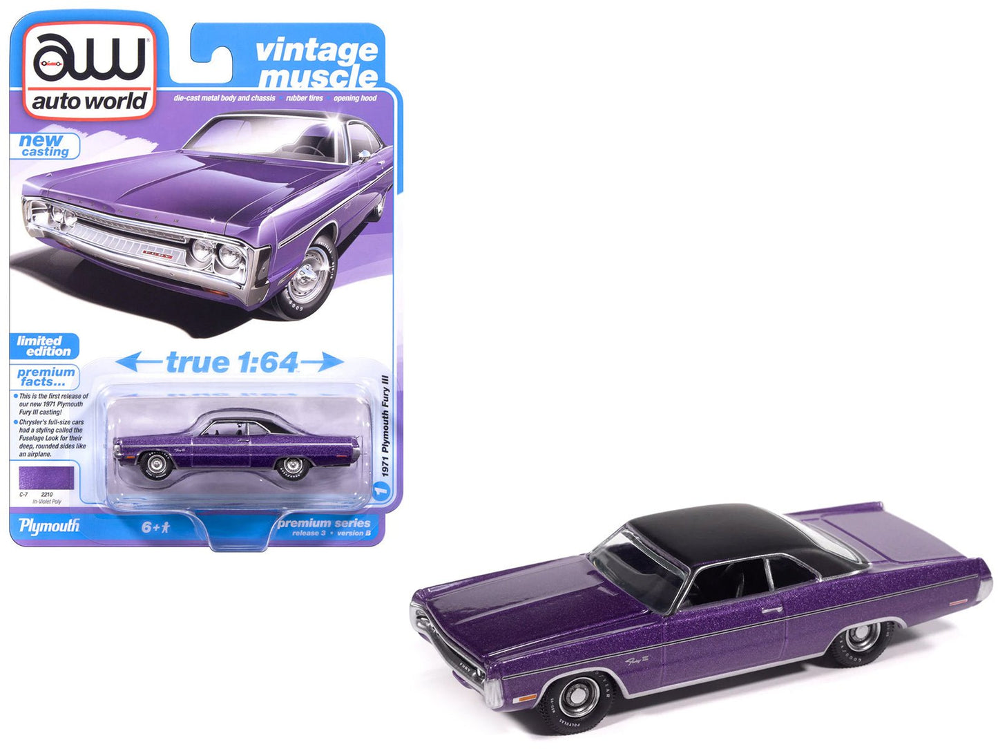 1971 Plymouth Fury III In-Violet Metallic with Black Top "Vintage Muscle" Series 1/64 Diecast Model Car by Auto World free shipping USA