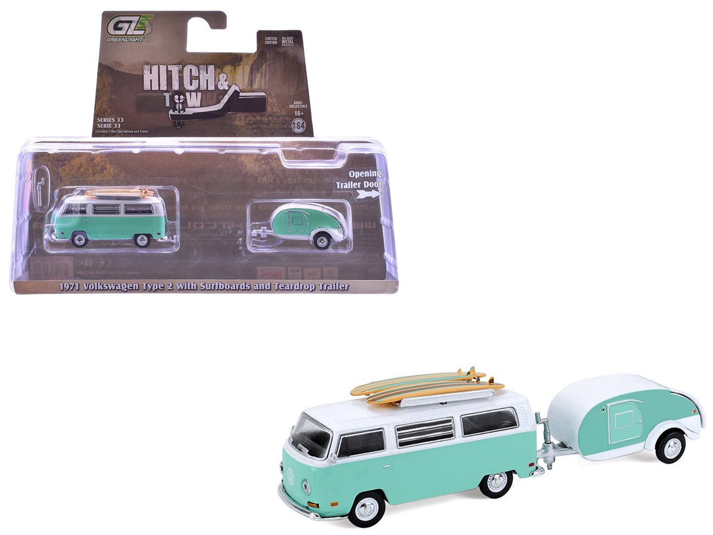 1971 Volkswagen Type 2 Van Seafoam Green and White with Surfboards and Teardrop Trailer "Hitch & Tow" Series 33 1/64 Diecast Model Cars by Greenlight free shipping USA
