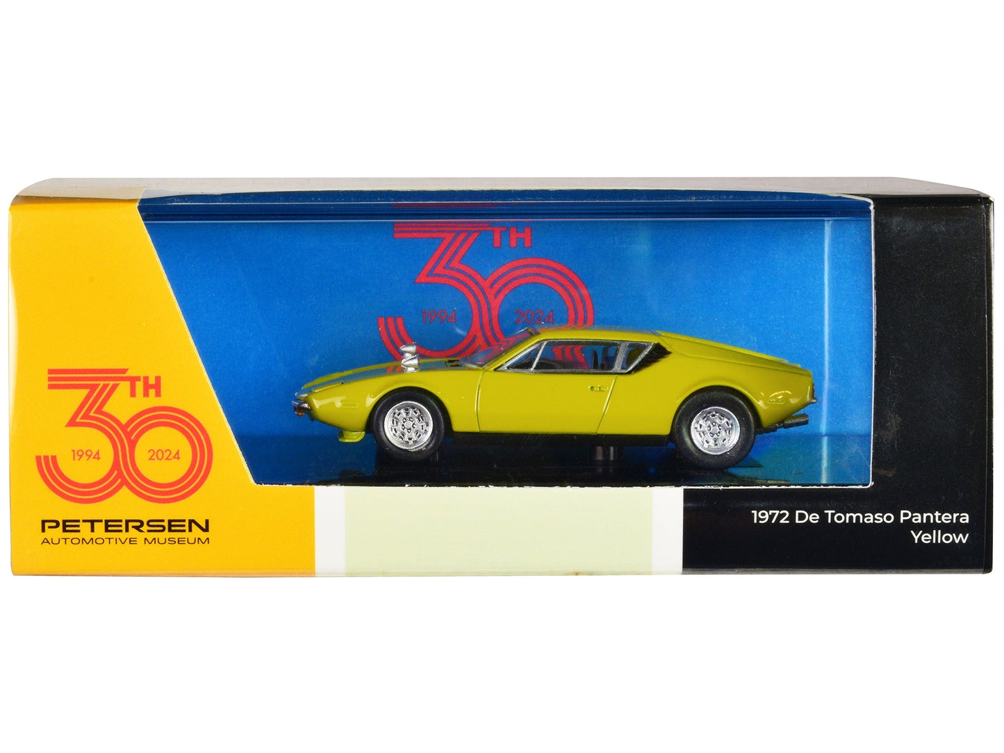 1972 De Tomaso Pantera Yellow "Petersen Automotive Museum 30th Anniversary" 1/64 Diecast Model Car by Paragon Models free shipping USA