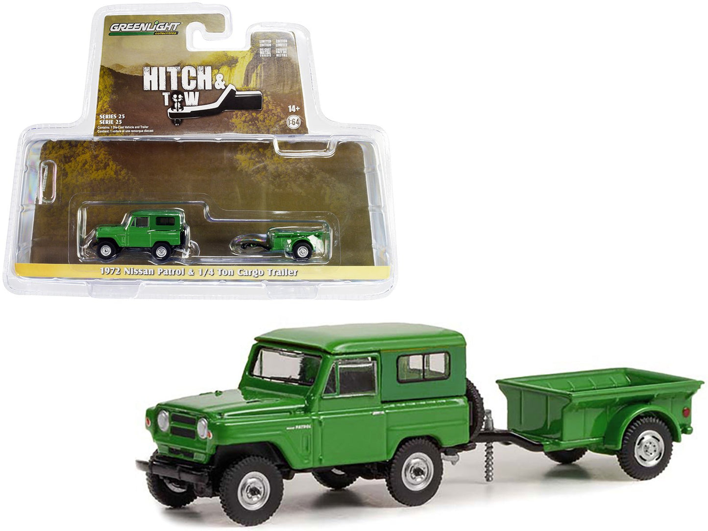 1972 Nissan Patrol Green with 1/4 Ton Cargo Trailer "Hitch & Tow" Series 25 1/64 Diecast Model Car by Greenlight free shipping USA