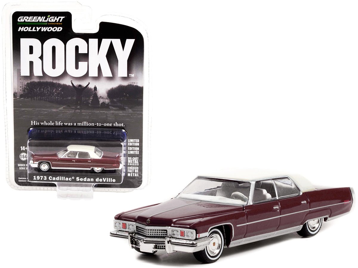 1973 Cadillac Sedan DeVille Burgundy with White Top "Rocky" (1976) Movie "Hollywood Series" Release 35 1/64 Diecast Model Car by Greenlight free shipping USA