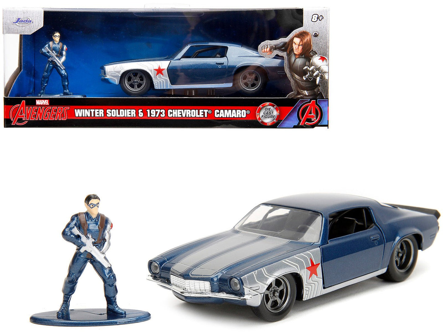 1973 Chevrolet Camaro Dark Blue Metallic with Gray Stripes and Winter Soldier Diecast Figure "Marvel Avengers" "Hollywood Rides" Series 1/32 Diecast Model Car by Jada free shipping USA