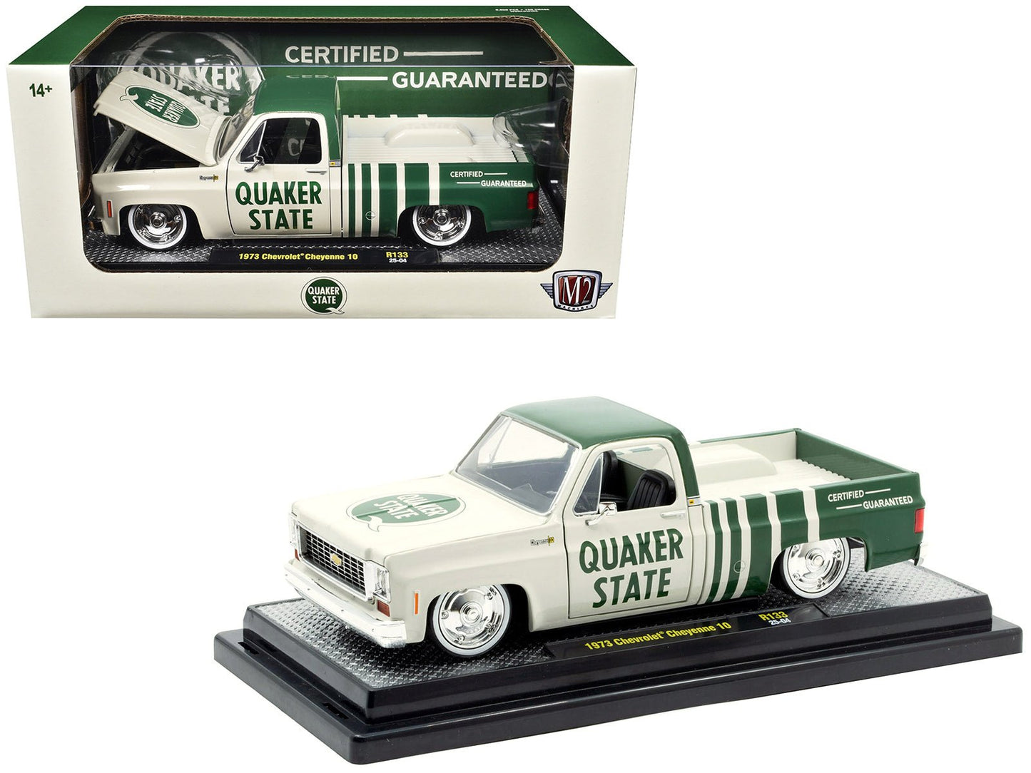 1973 Chevrolet Cheyenne 10 Pickup Truck "Quaker State" Beige and Green Limited Edition to 9600 pieces Worldwide 1/24 Diecast Model Car by M2 Machines free shipping USA