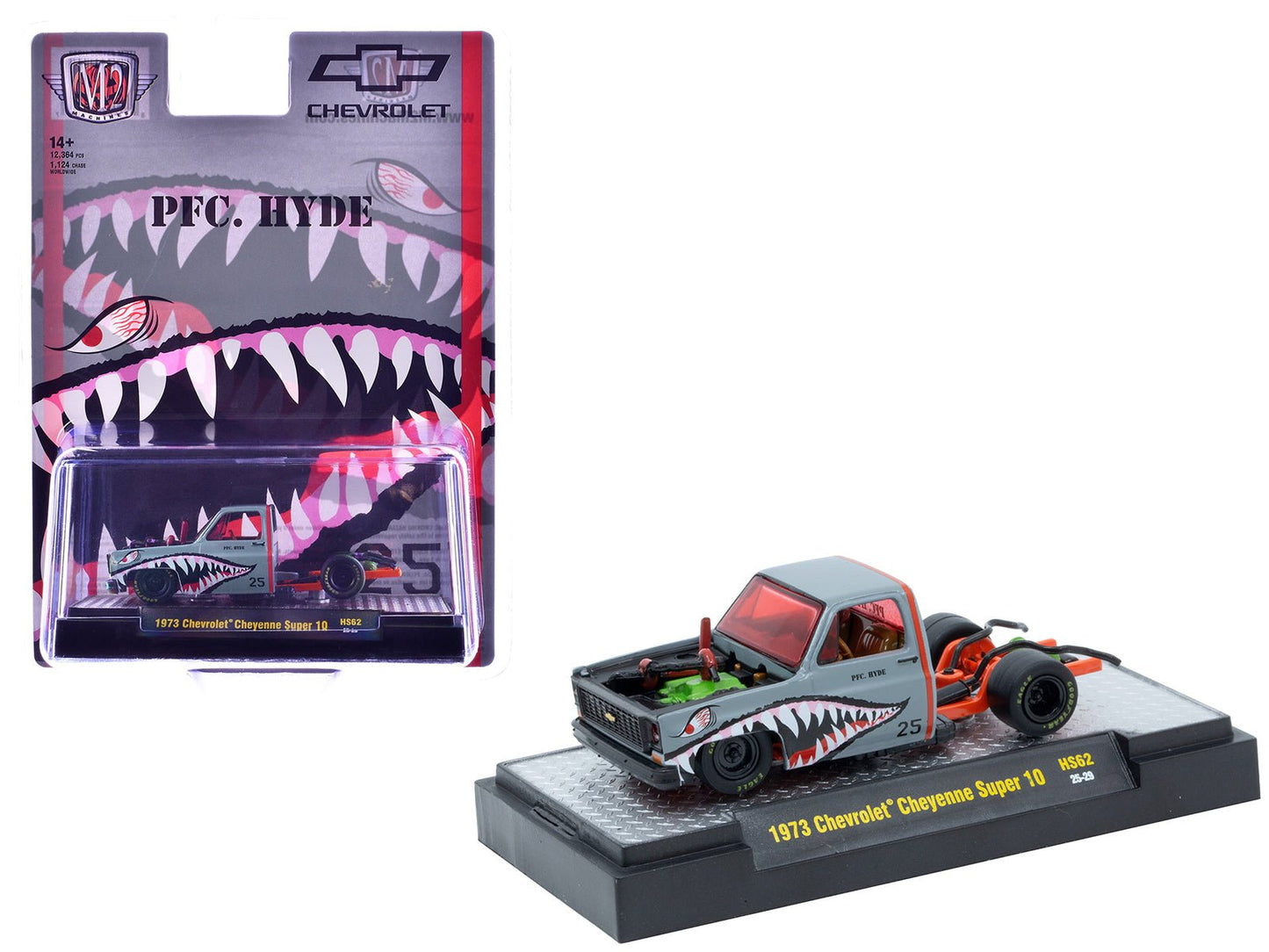 1973 Chevrolet Cheyenne Super 10 Bedless Truck "PFC. Hyde" Gray with Shark Mouth Graphics "Lowriders" Limited Edition to 12364 pieces Worldwide 1/64 Diecast Model Car by M2 Machines free shipping USA