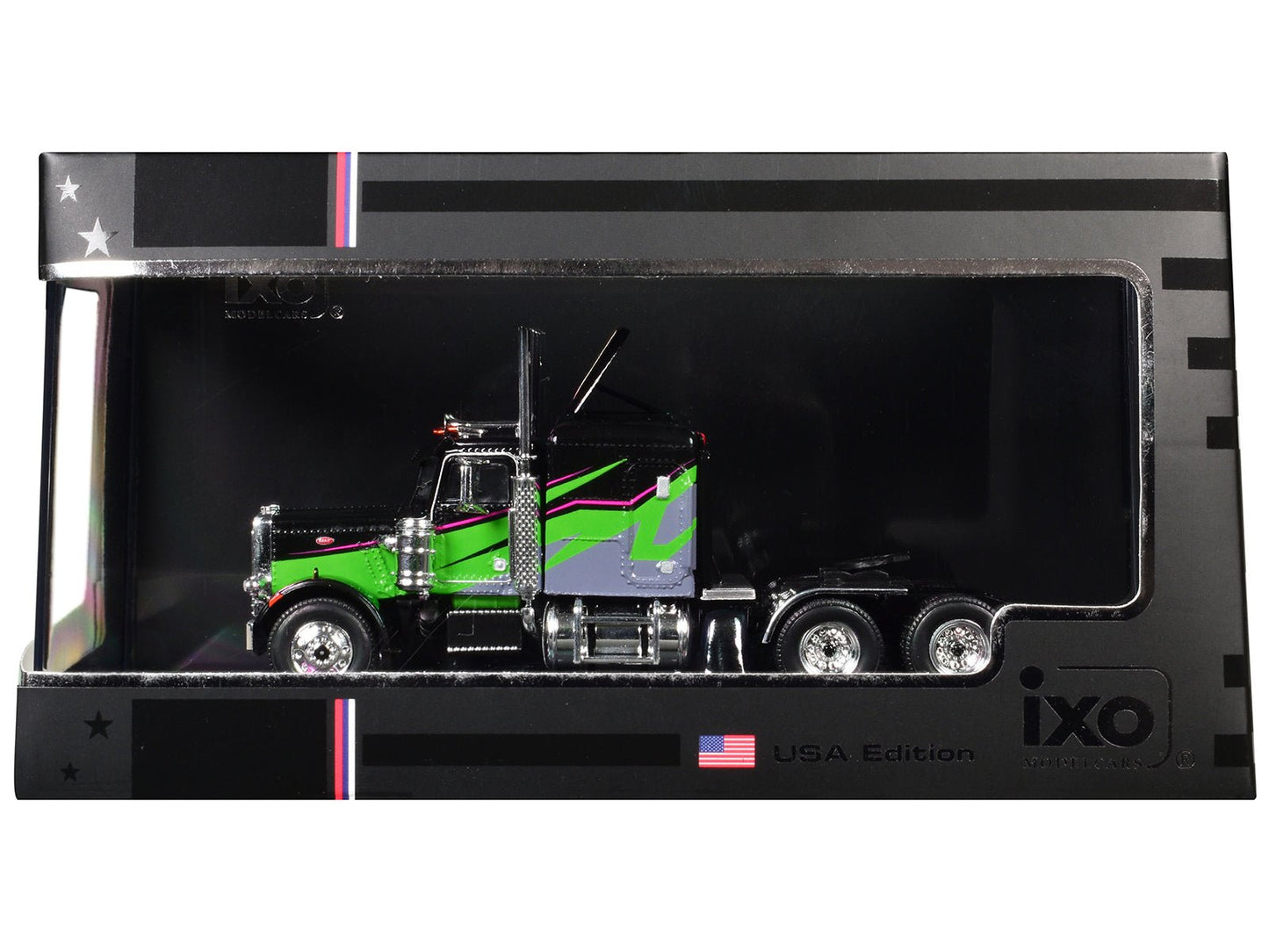1973 Peterbilt 359 Truck Tractor Black and Lime Green with Graphics 1/64 Diecast Model by IXO Models free shipping USA