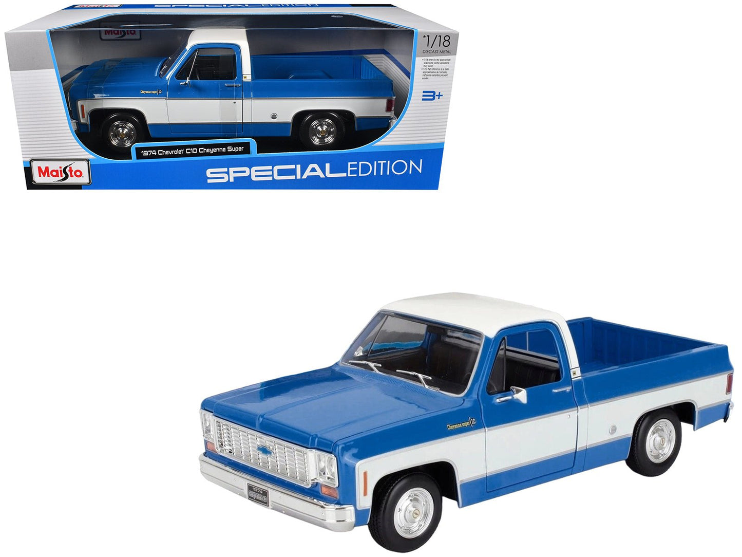 1974 Chevrolet C10 Cheyenne Super Pickup Truck Blue and White "Special Edition" Series 1/18 Diecast Model Car by Maisto free shipping USA