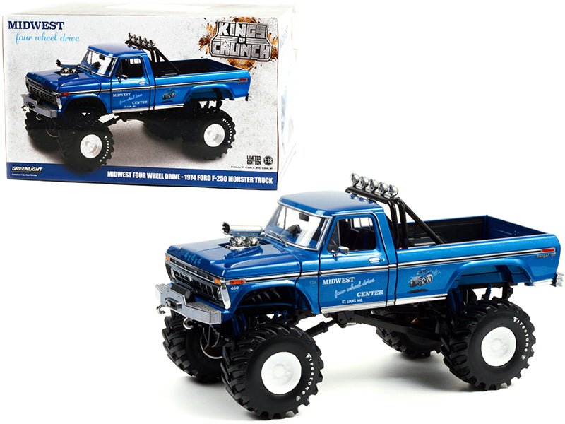 1974 Ford F-250 Ranger XLT Monster Truck with 48-Inch Tires Blue Metallic "Midwest Four Wheel Drive Center" "Kings of Crunch" Series 1/18 Diecast Model Car by Greenlight free shipping USA