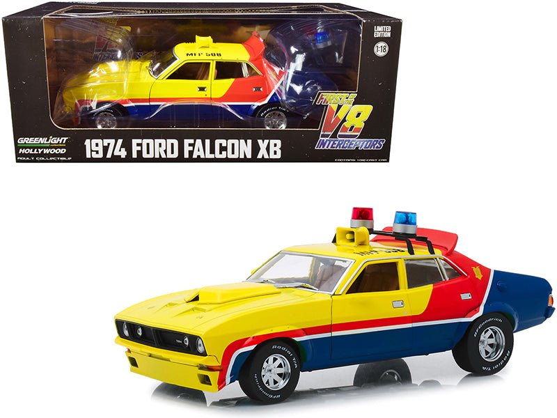 1974 Ford Falcon XB 4-Door Sedan RHD (Right Hand Drive) Yellow and Blue with Red Stripes "MFP 508" "First of the V8 Interceptors" (1979) Movie 1/18 Diecast Model Car by Greenlight free shipping USA