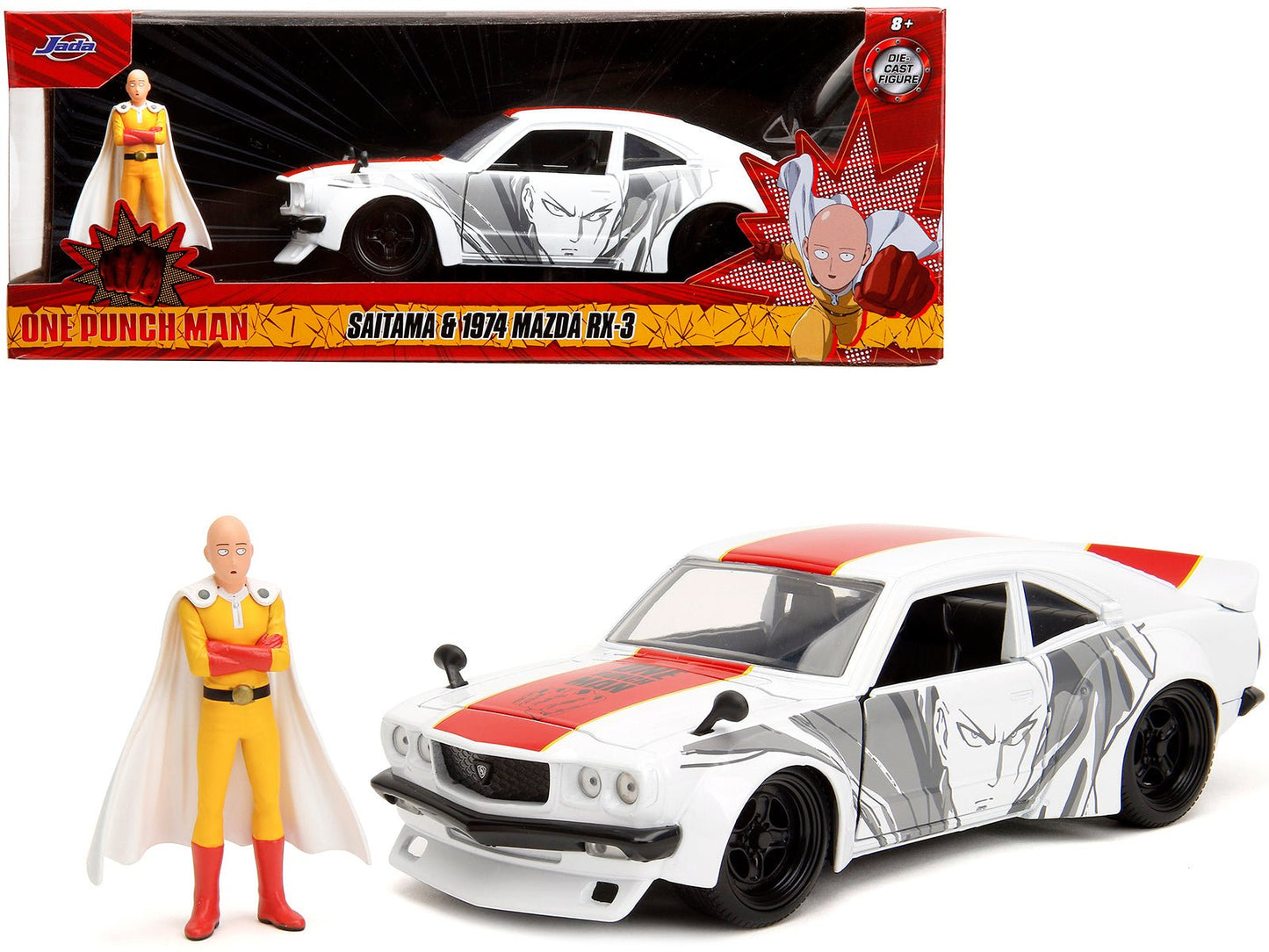 1974 Mazda RX-3 White with Red Stripe and Graphics and Saitama Diecast Figure "One Punch Man" (2015-2019) TV Series 1/24 Diecast Model Car by Jada free shipping USA