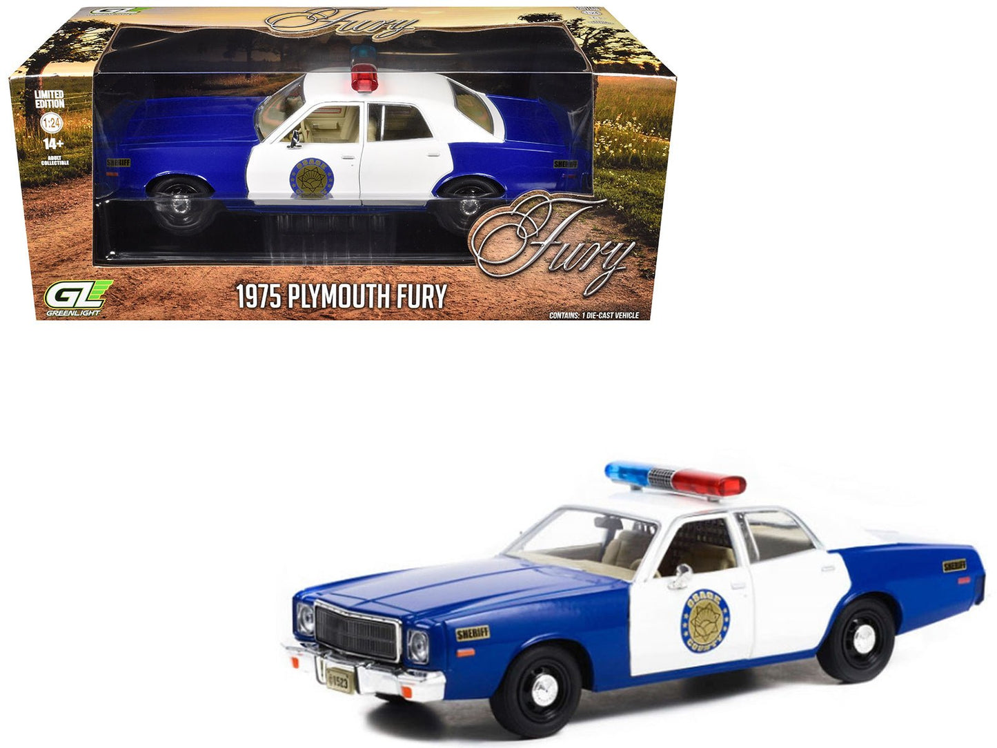 1975 Plymouth Fury "Osage County Sheriff" Blue and White 1/24 Diecast Model Car by Greenlight free shipping USA