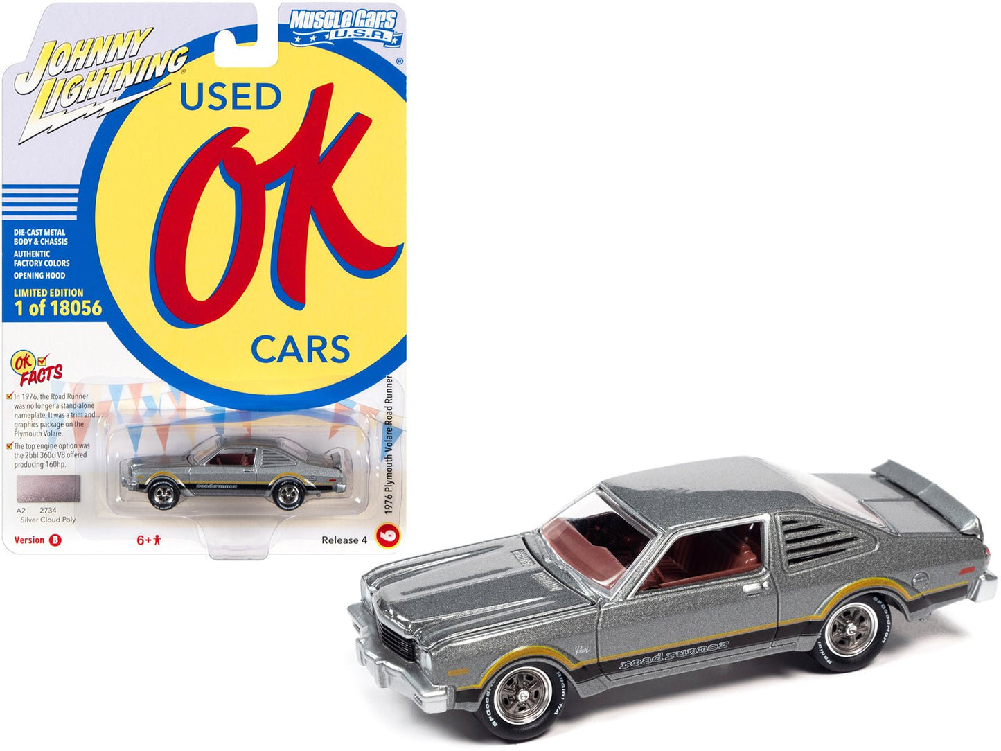 1976 Plymouth Volare Road Runner Silver Cloud Metallic with Stripes "OK Used Cars" Series Limited Edition to 18056 pieces Worldwide 1/64 Diecast Model Car by Johnny Lightning free shipping USA