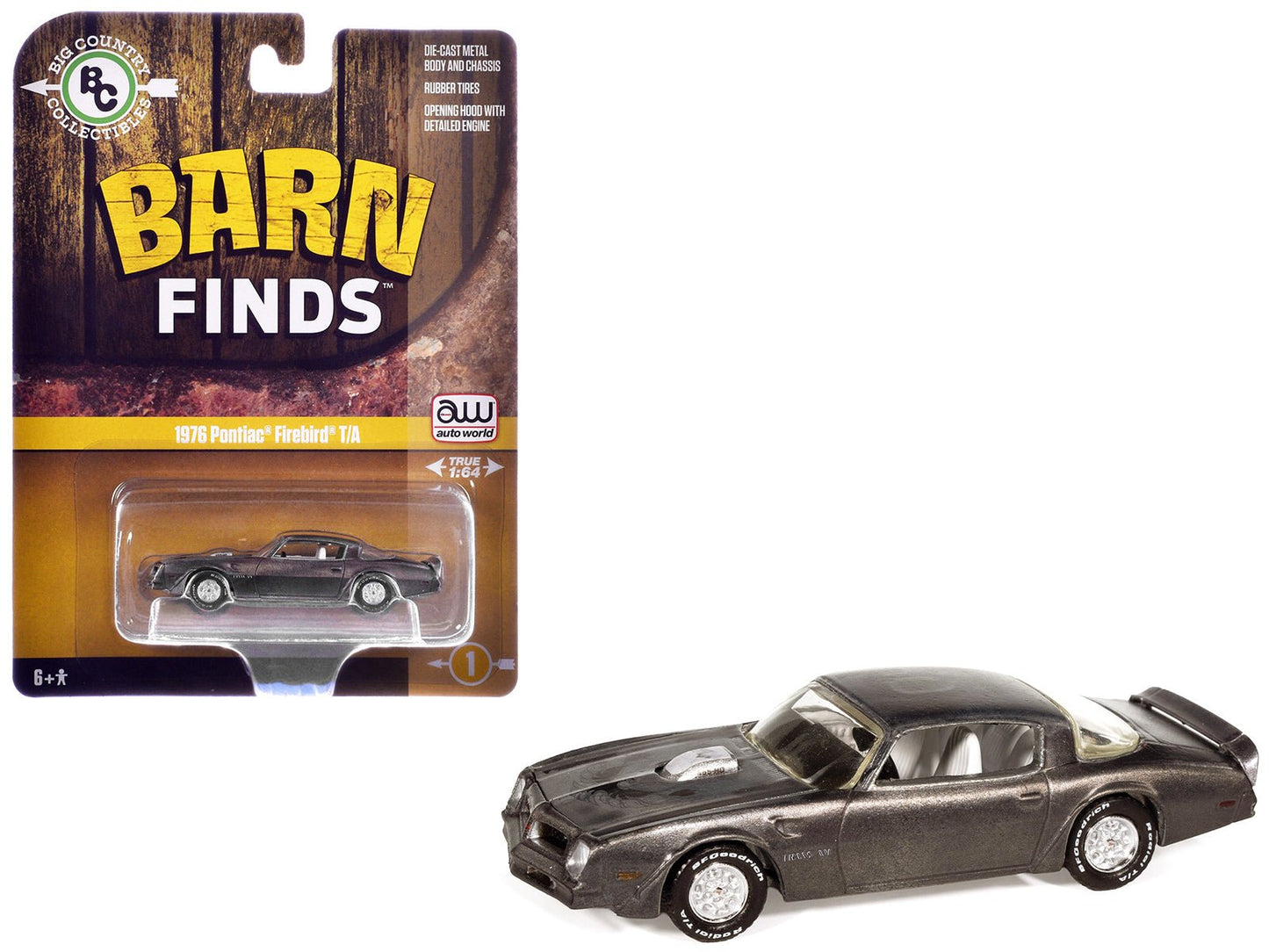 1976 Pontiac Firebird T/A "Barn Finds" Gray Metallic (Weathered) with White Interior "Big Country Collectibles" 2025 Series 1/64 Diecast Model Car by Auto World free shipping USA
