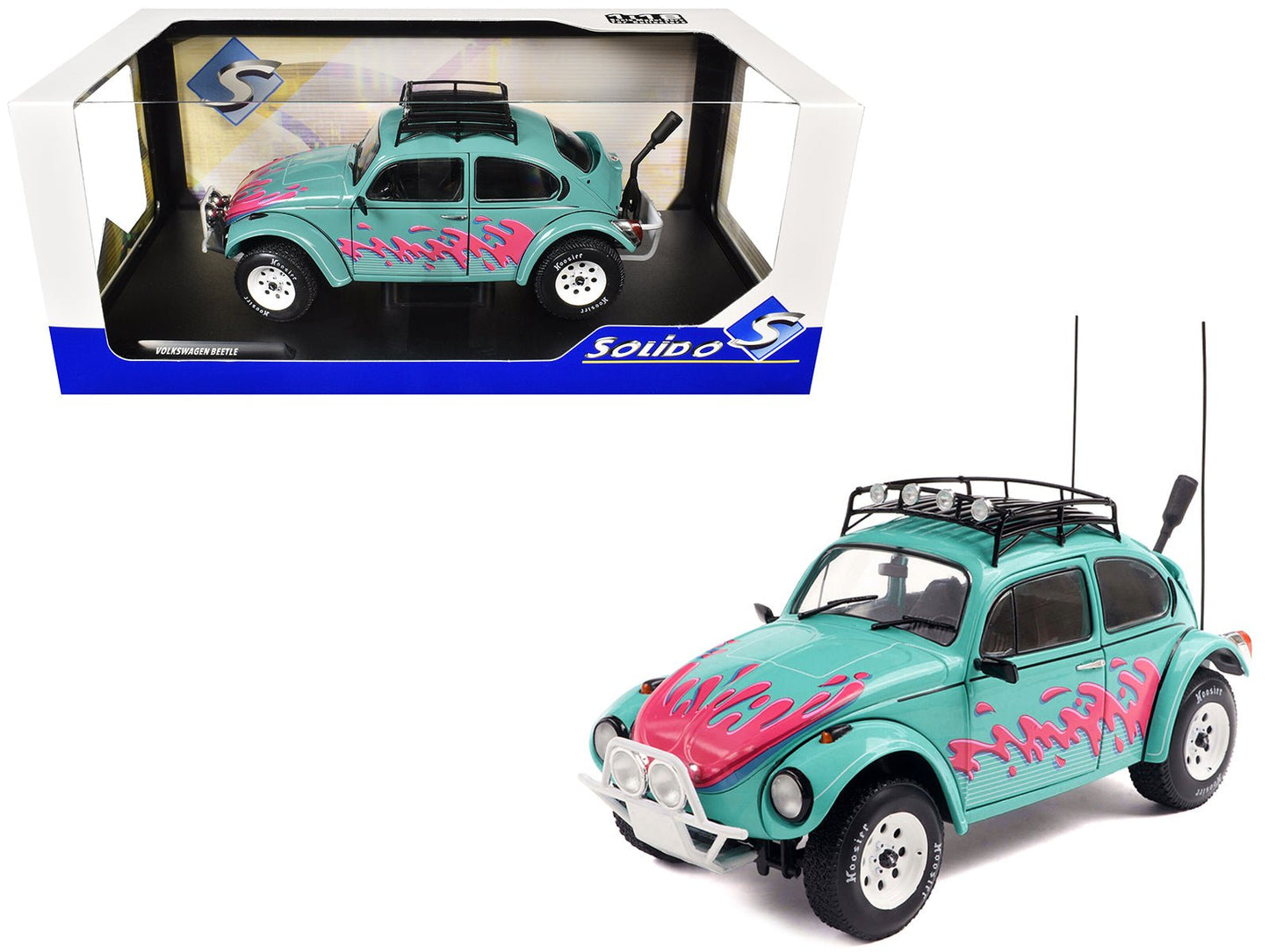 1976 Volkswagen Beetle Baja Miami Green with Pink Graphics 1/18 Diecast Model Car by Solido free shipping USA