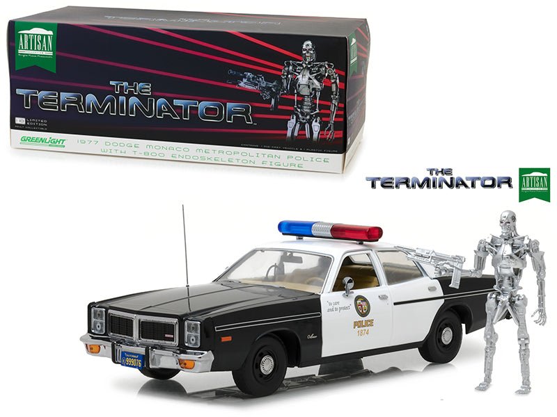 1977 Dodge Monaco Metropolitan Police with T-800 Endoskeleton Figurine "The Terminator" (1984) Movie 1/18 Diecast Model Car by Greenlight free shipping USA