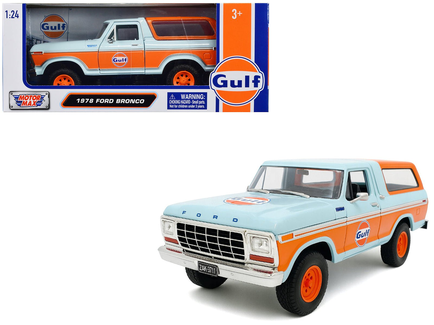 1978 Ford Bronco Light Blue and Orange "Gulf Oil" "Gulf Die-Cast Collection" 1/24 Diecast Model Car by Motormax free shipping USA