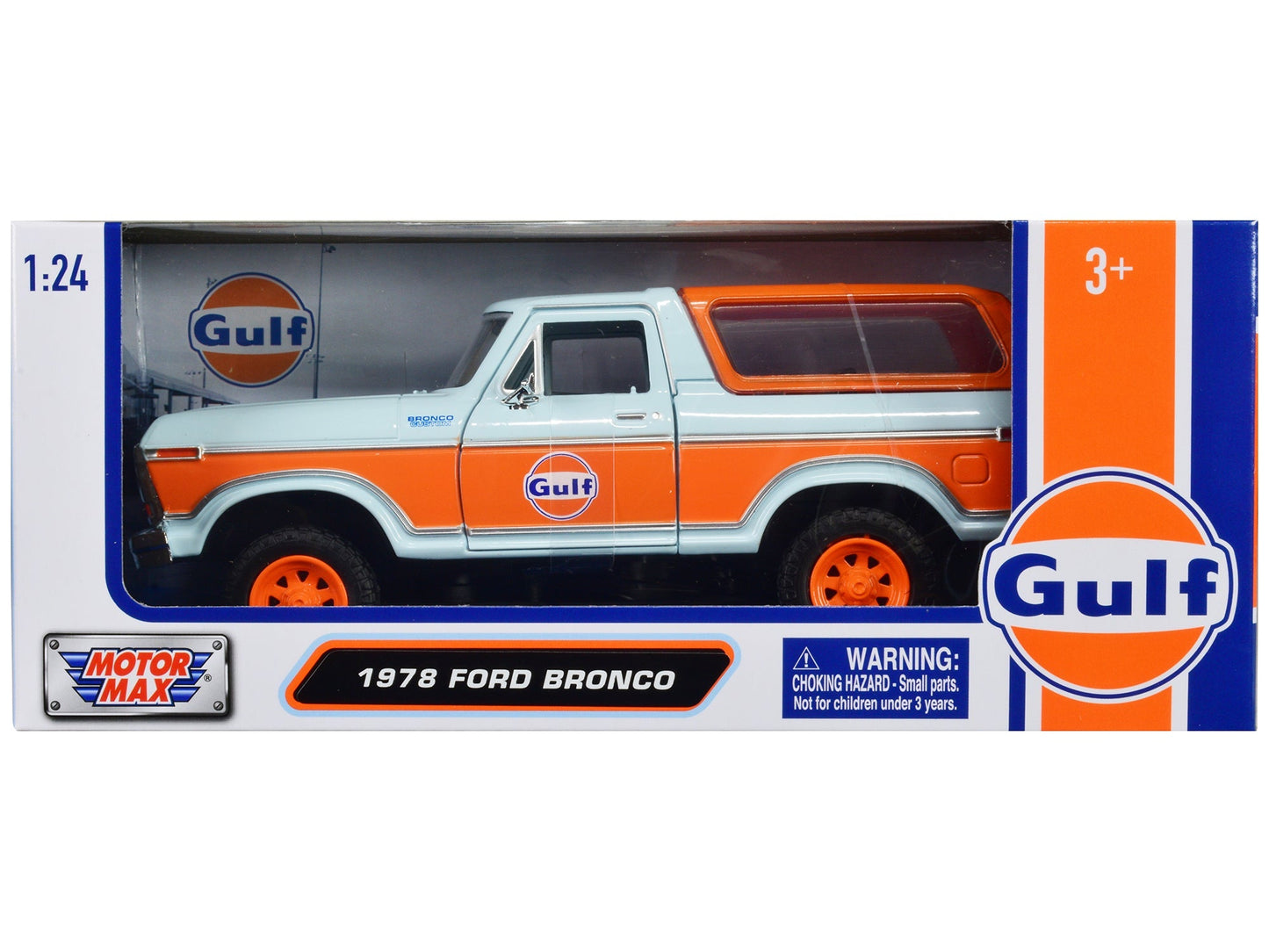 1978 Ford Bronco Light Blue and Orange "Gulf Oil" "Gulf Die-Cast Collection" 1/24 Diecast Model Car by Motormax free shipping USA
