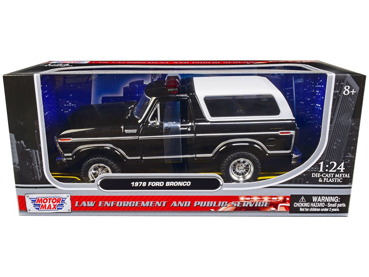 1978 Ford Bronco Police Car Unmarked Black with White Top "Law Enforcement and Public Service" Series 1/24 Diecast Model Car by Motormax free shipping USA