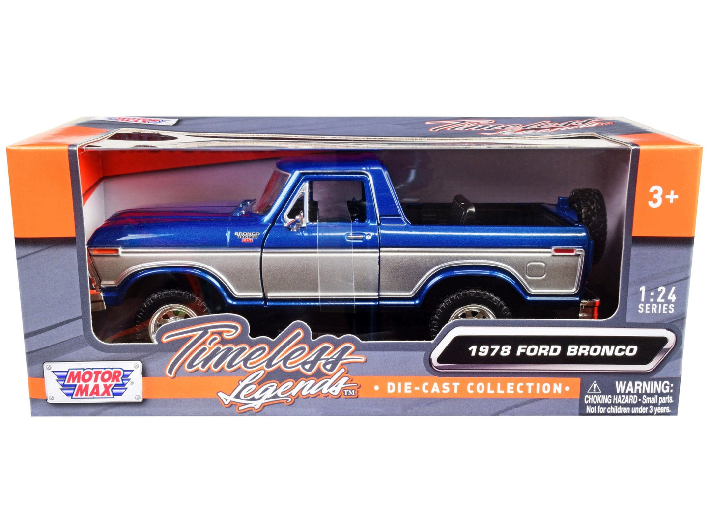 1978 Ford Bronco Ranger XLT (Open Top) with Spare Tire Blue Metallic and Silver "Timeless Legends" Series 1/24 Diecast Model Car by Motormax free shipping USA