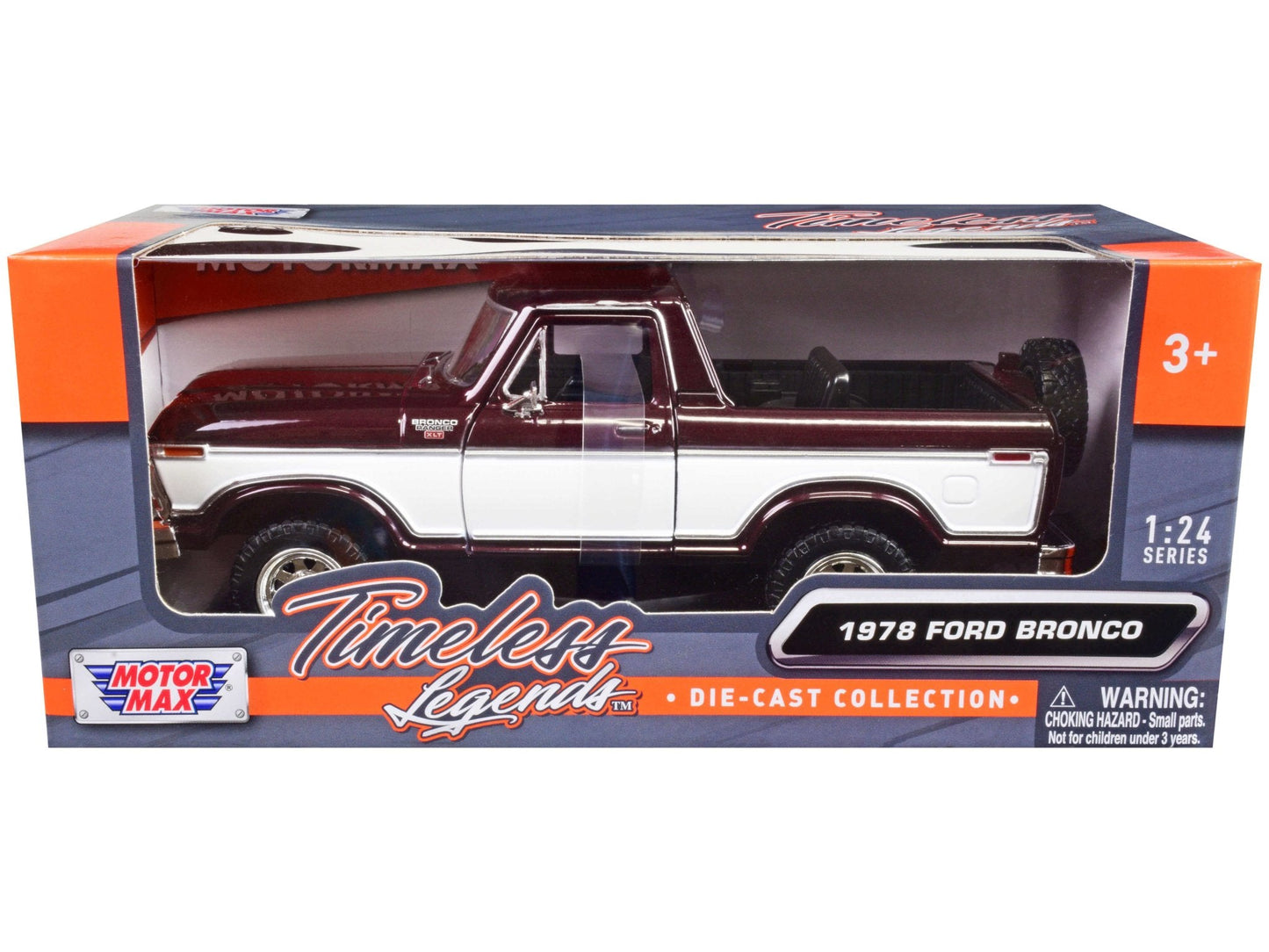 1978 Ford Bronco Ranger XLT (Open Top) with Spare Tire Burgundy Metallic and White "Timeless Legends" Series 1/24 Diecast Model Car by Motormax free shipping USA