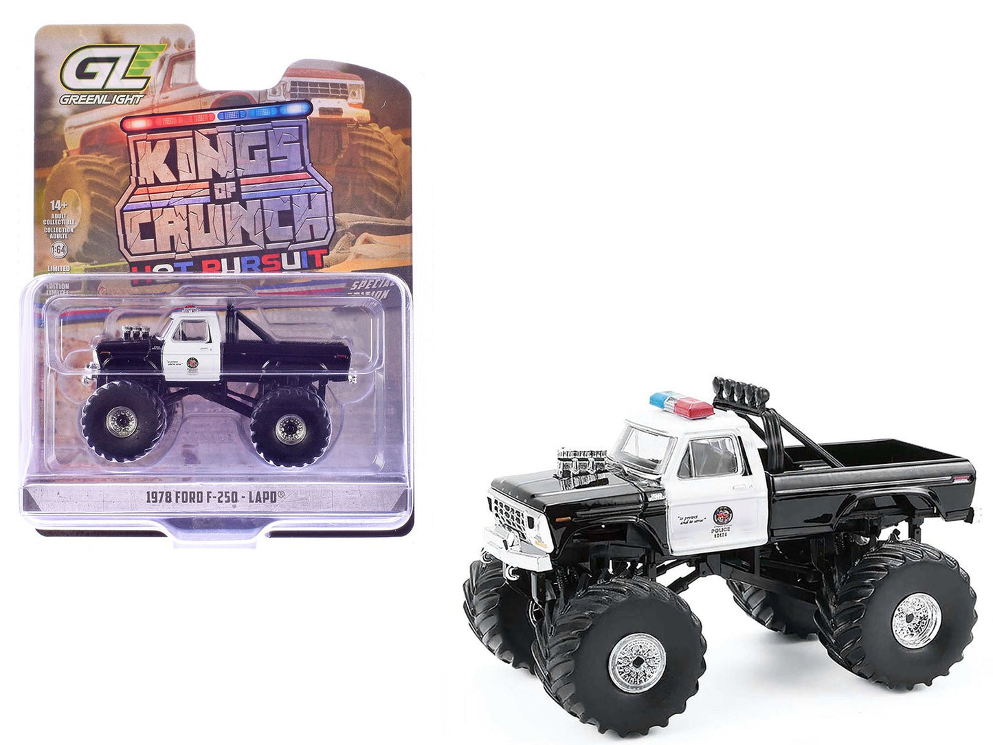 1978 Ford F-250 Monster Truck "LAPD (Los Angeles Police Department)" Black and White "Kings of Crunch - Hot Pursuit" Special Edition 1/64 Diecast Model Car by Greenlight free shipping USA