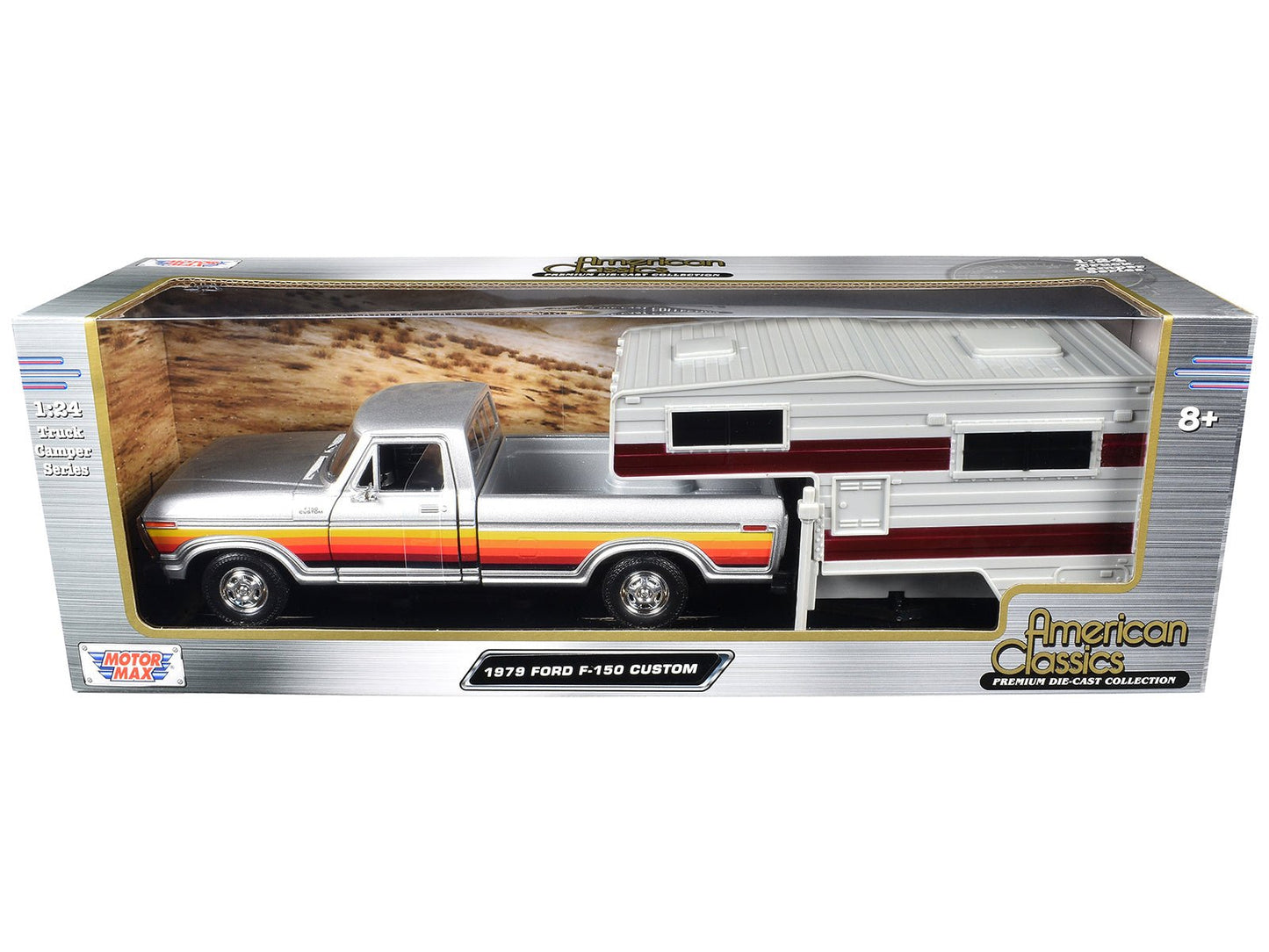 1979 Ford F-150 Custom Pickup Truck Silver Metallic with Side Stripes with Camper Shell "American Classics" Series 1/24 Diecast Model Car by Motormax free shipping USA