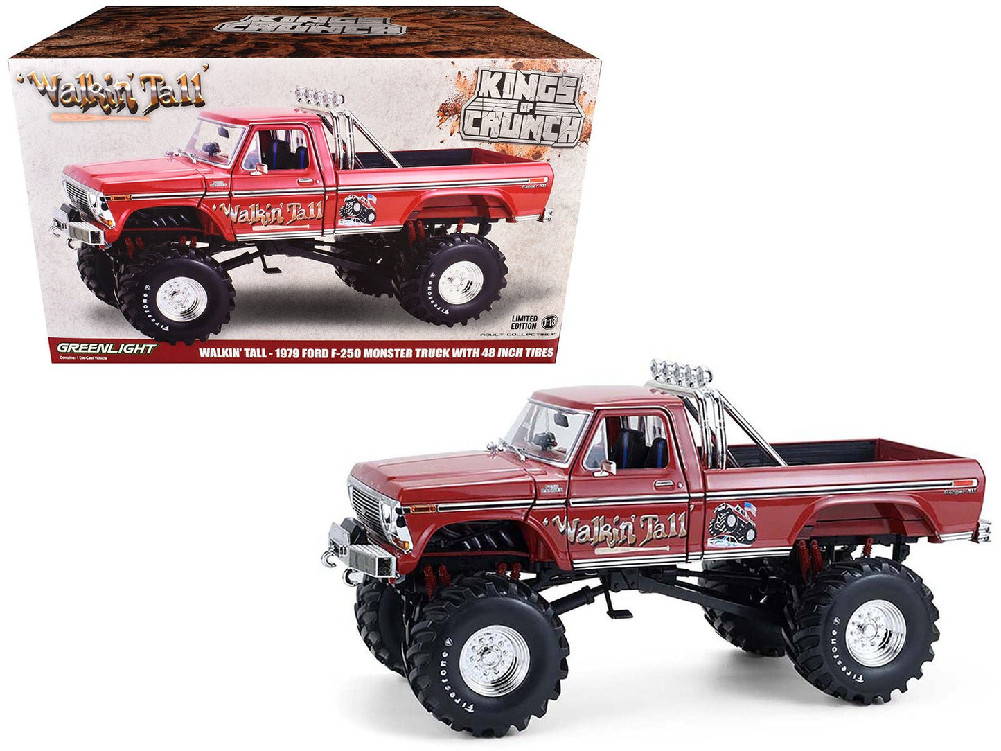 1979 Ford F-250 Monster Truck with 48-Inch Tires "Walkin' Tall" Red "Kings of Crunch" Series 1/18 Diecast Model Car by Greenlight free shipping USA