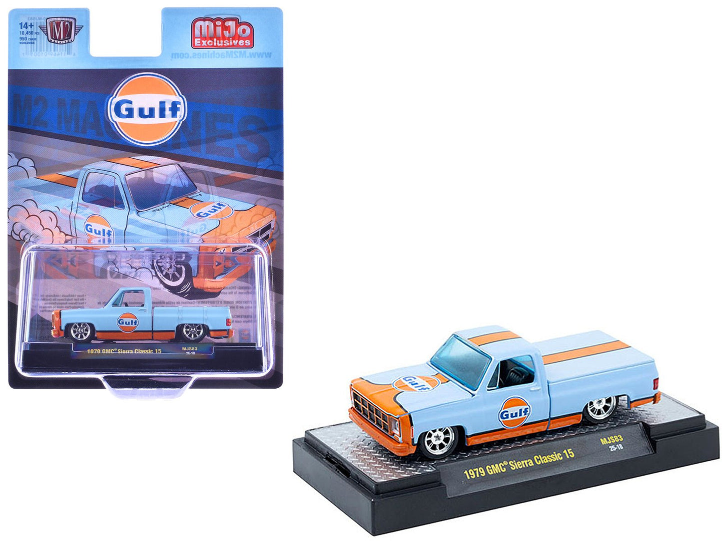 1979 GMC Sierra Classic 15 Pickup Truck "Gulf Oil" Light Blue with Orange Stripe Limited Edition to 10450 pieces Worldwide 1/64 Diecast Model Car by M2 Machines free shipping USA