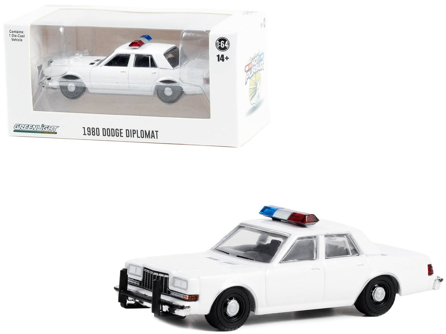1980-1989 Dodge Diplomat Police Unmarked White with Light Bar "Hot Pursuit" "Hobby Exclusive" Series 1/64 Diecast Model Car by Greenlight free shipping USA