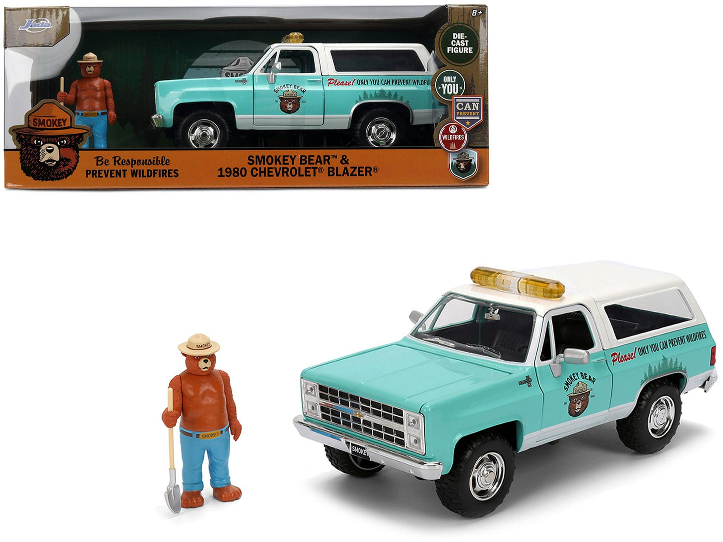1980 Chevrolet Blazer Light Green with White Top and Graphics and Smokey Bear Diecast Figure "Smokey Bear" "Hollywood Rides" Series 1/24 Diecast Model by Jada free shipping USA