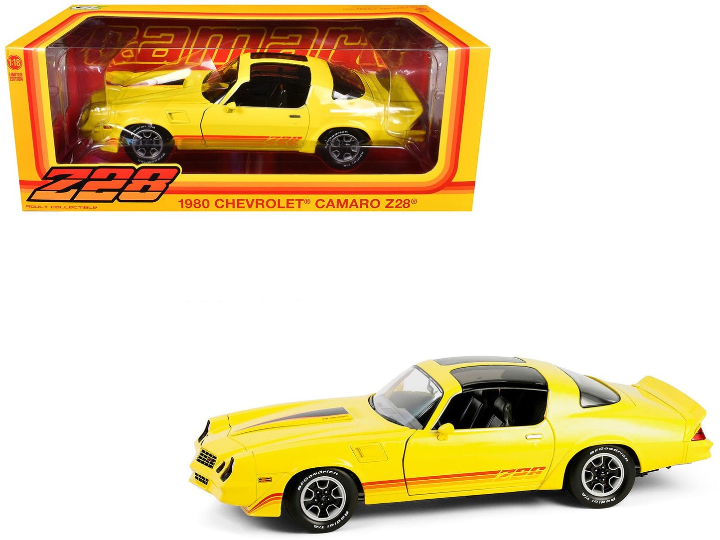 1980 Chevrolet Camaro Z28 with T-Tops Bright Yellow with Stripes 1/18 Diecast Model Car by Greenlight free shipping USA