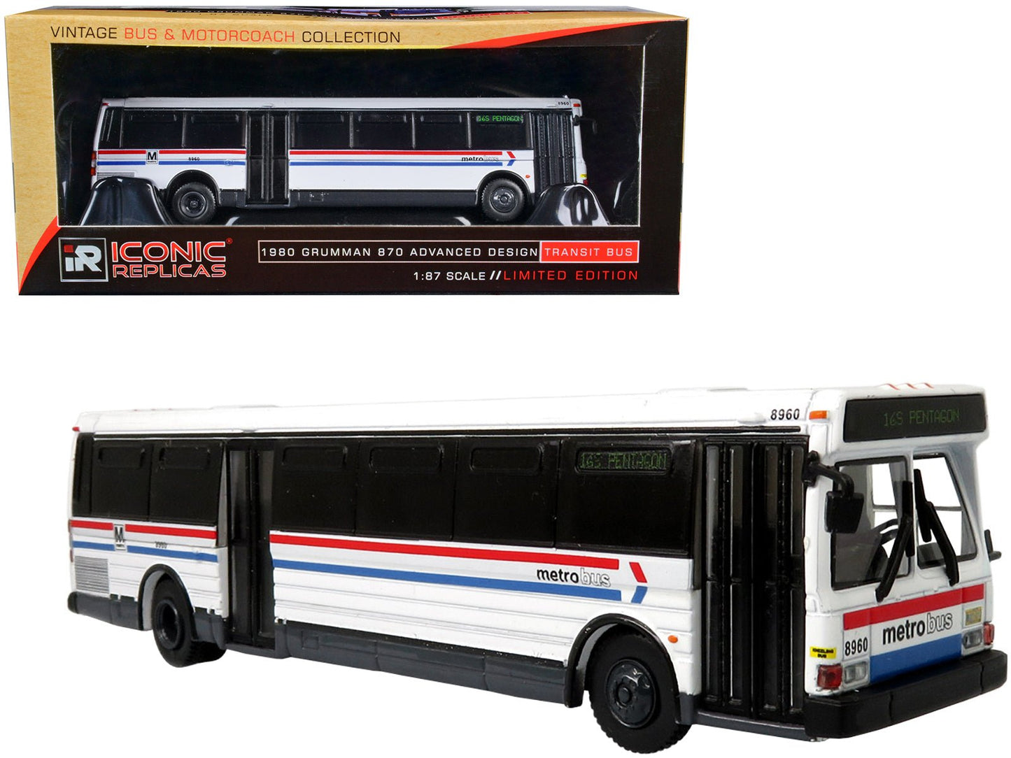 1980 Grumman 870 Advanced Design Transit Bus WMATA (Washington Metropolitan Area Transit Authority) Metro Bus "16S Pentagon" "Vintage Bus & Motorcoach Collection" 1/87 Diecast Model by Iconic Replicas free shipping USA