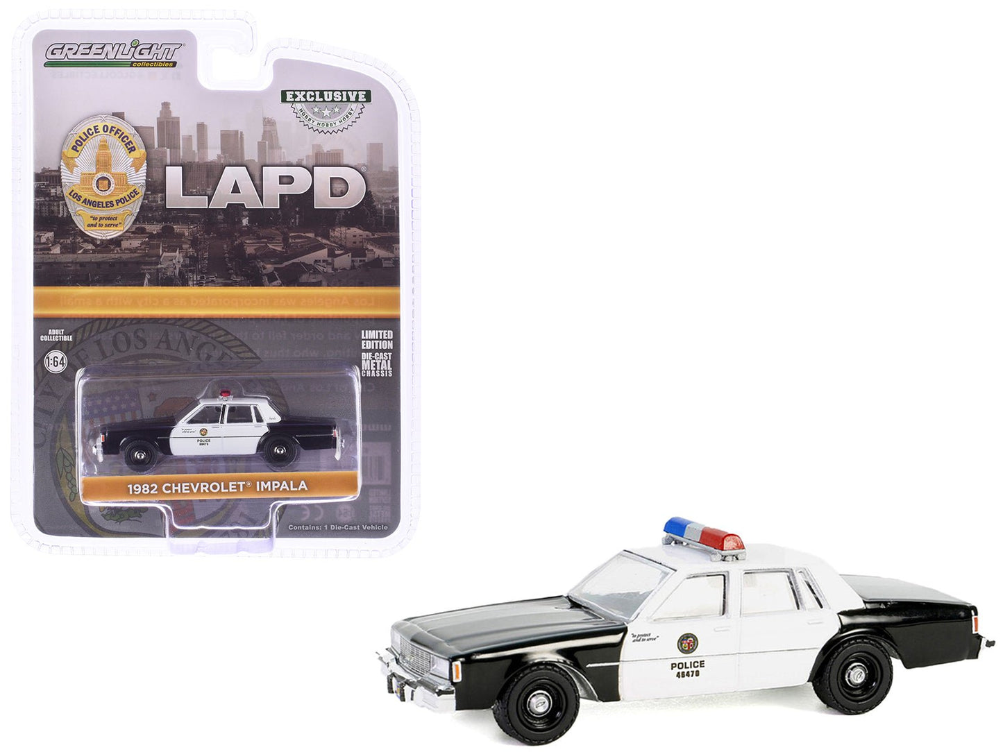 1982 Chevrolet Impala "LAPD (Los Angeles Police Department)" Black and White "Hobby Exclusive" Series 1/64 Diecast Model Car by Greenlight free shipping USA