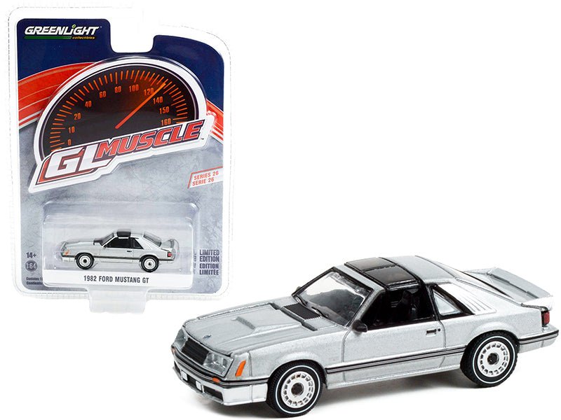 1982 Ford Mustang GT 5.0 Silver Metallic with Black Stripes "Greenlight Muscle" Series 26 1/64 Diecast Model Car by Greenlight free shipping USA
