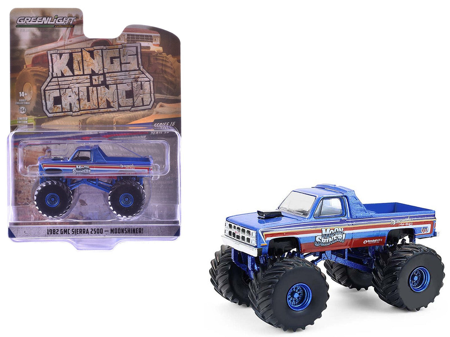 1982 GMC Sierra 2500 Monster Truck "Moonshiner!" Blue Metallic with Stripes "Kings of Crunch" Series 16 1/64 Diecast Model Car by Greenlight free shipping USA