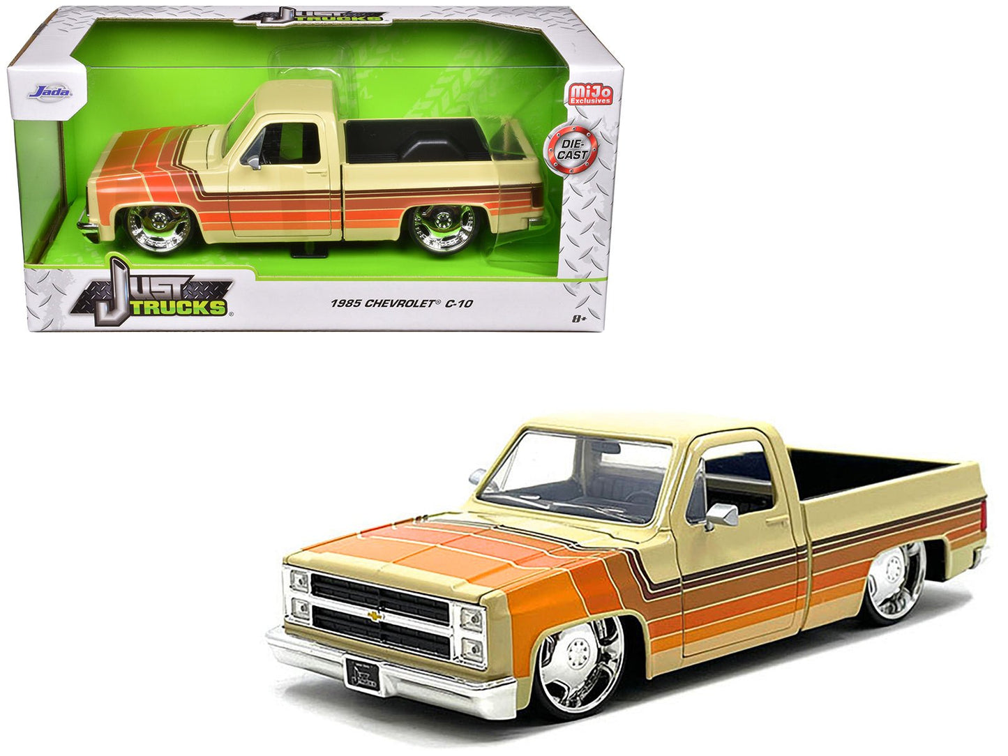 1985 Chevrolet C-10 Pickup Truck Beige with Stripes and Lowenhart Wheels "Just Trucks" Series 1/24 Diecast Model Car by Jada free shipping USA