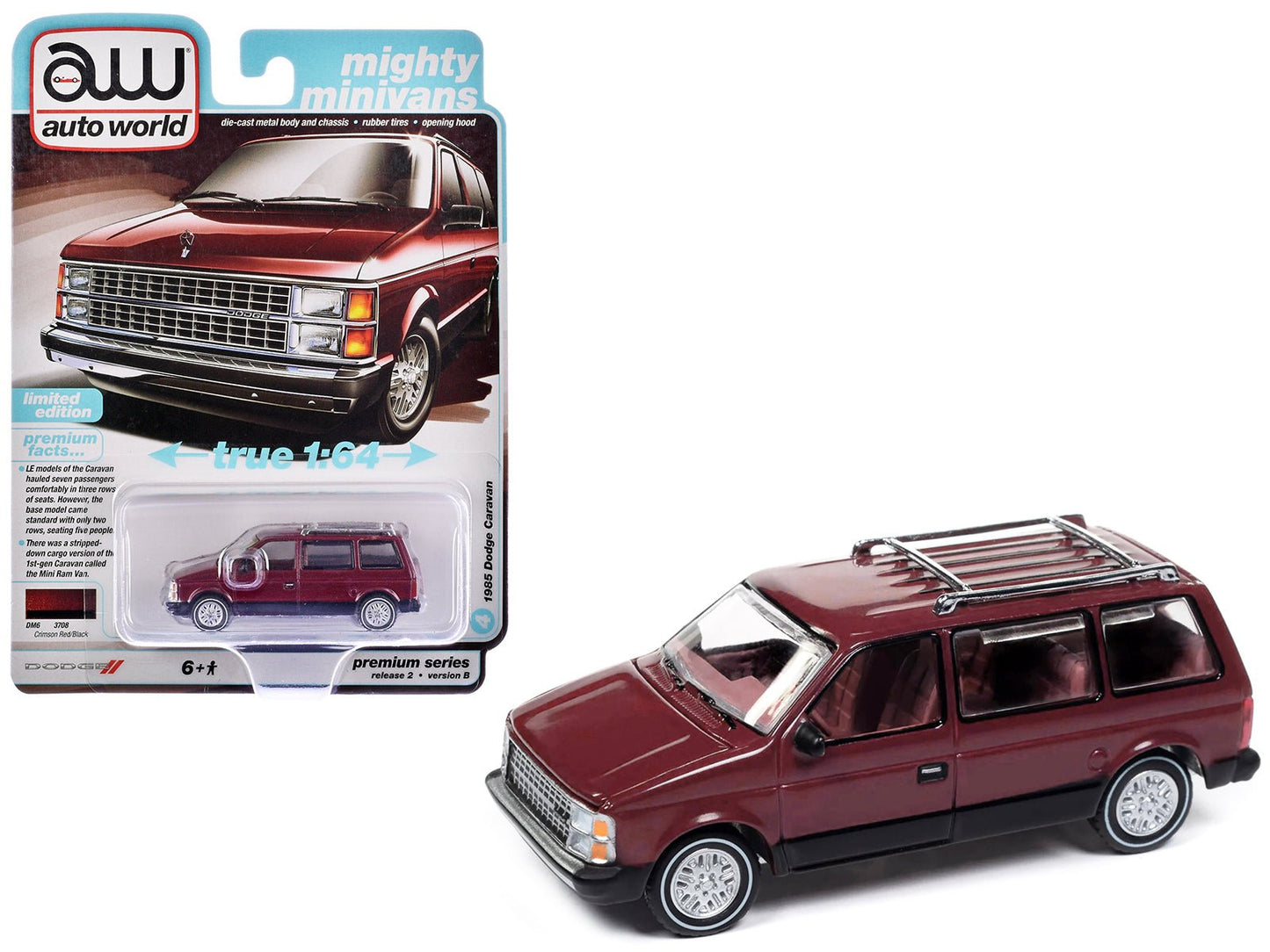 1985 Dodge Caravan Van Crimson Red and Black "Mighty Minivans" Series 1/64 Diecast Model Car by Auto World free shipping USA