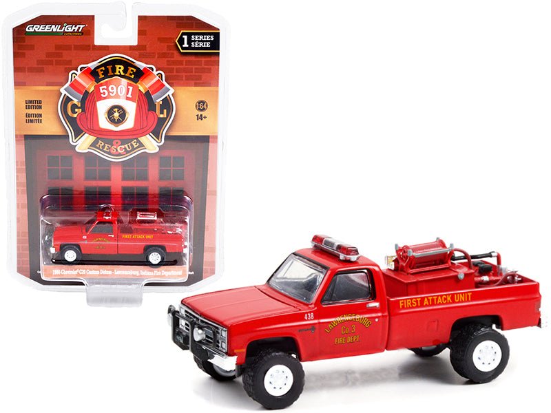 1986 Chevrolet C20 Custom Deluxe Pickup Truck Red First Attack Unit Fire Equipment and Hose and Tank "Lawrenceburg Fire Department" (Indiana) "Fire & Rescue" Series 1 1/64 Diecast Model Car by Greenlight free shipping USA