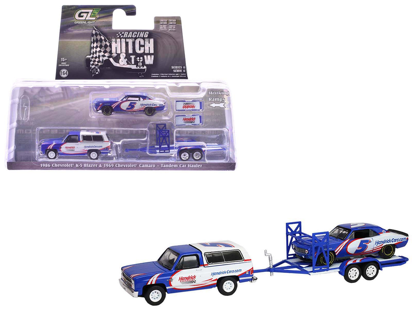 1986 Chevrolet K5 Blazer Blue and White and 1969 Chevrolet Camaro #5 Blue and White "Kyle Larson - Hendrick Motorsports" with Tandem Car Trailer "Racing Hitch & Tow" Series 6 1/64 Diecast Model Cars by Greenlight free shipping USA