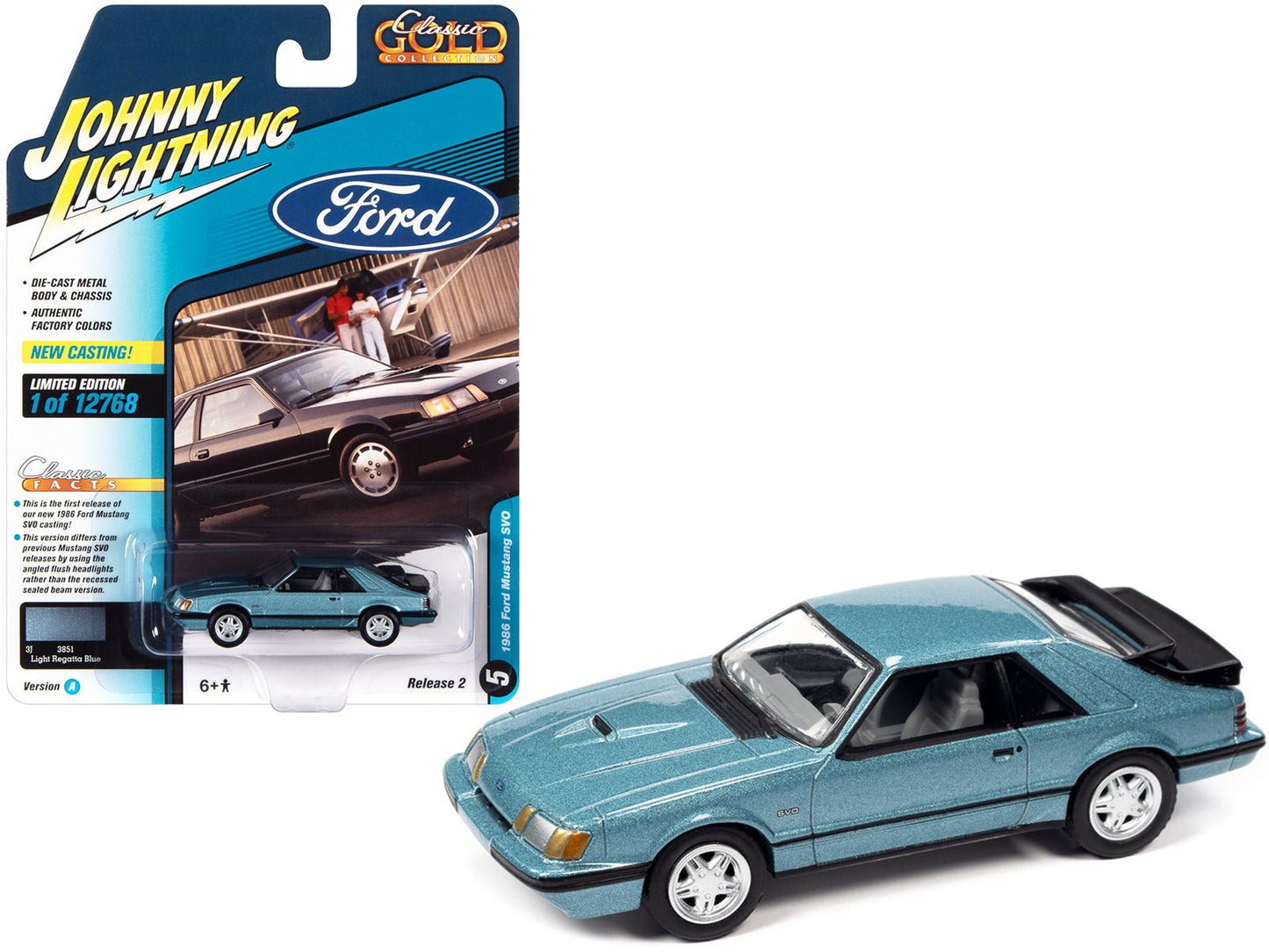 1986 Ford Mustang SVO Light Regatta Blue Metallic with Black Stripes "Classic Gold Collection" Series Limited Edition to 12768 pieces Worldwide 1/64 Diecast Model Car by Johnny Lightning free shipping USA