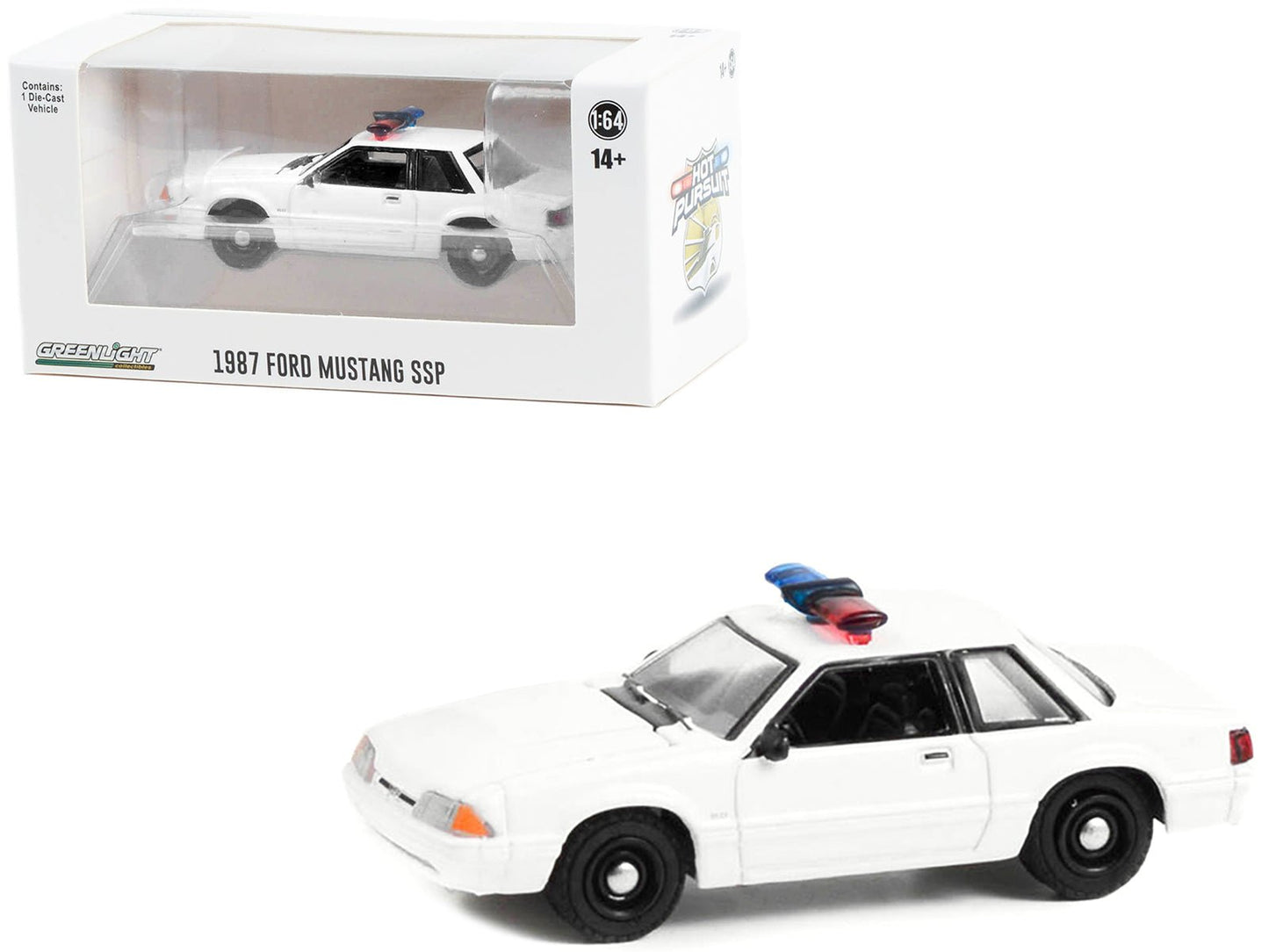 1987-1993 Ford Mustang SSP White Police Car with Light Bar "Hot Pursuit" "Hobby Exclusive" Series 1/64 Diecast Model Car by Greenlight free shipping USA