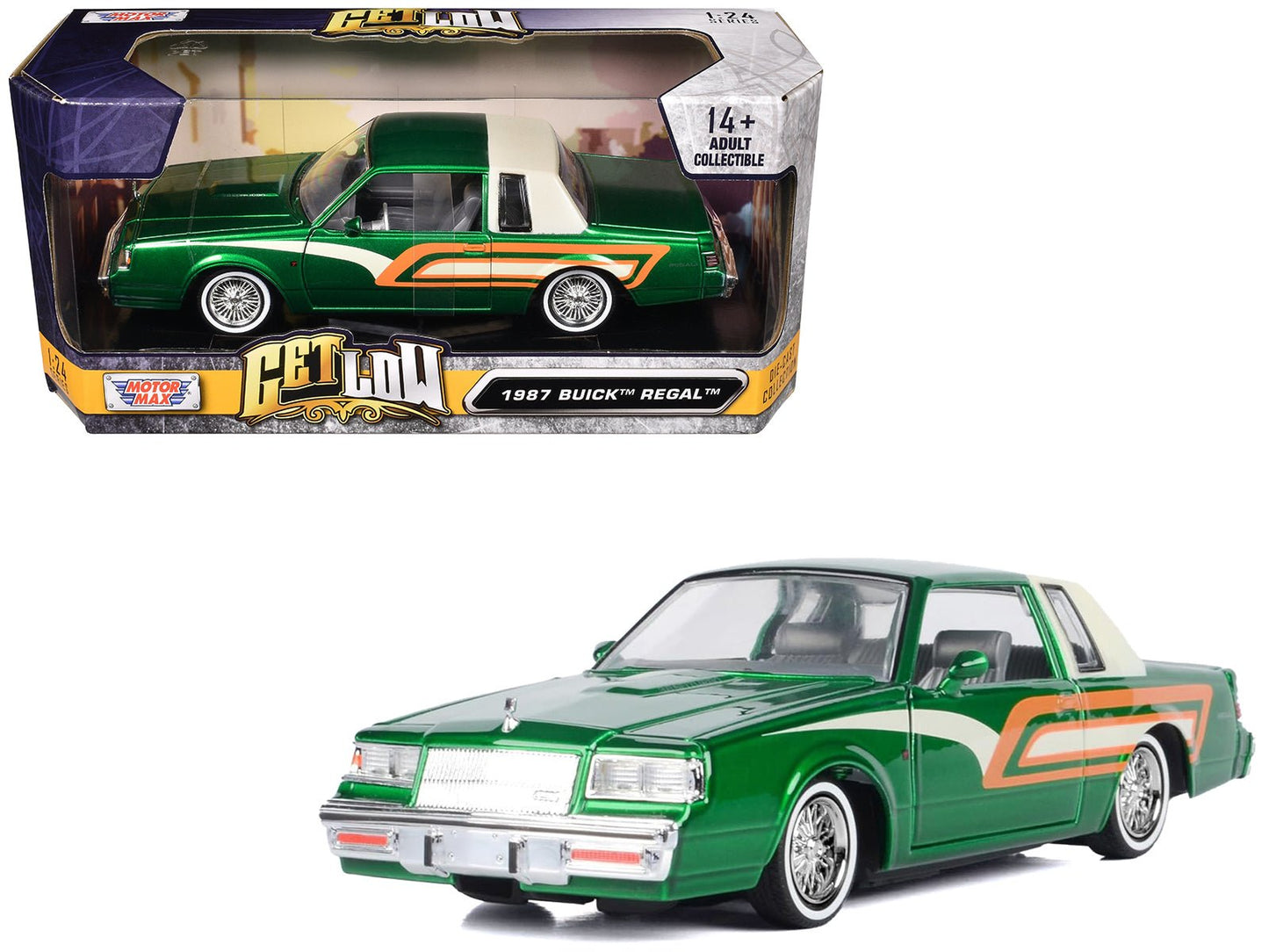 1987 Buick Regal 3.8 SFI Turbo Green Metallic and Cream with Graphics "Get Low" Series 1/24 Diecast Model Car by Motormax free shipping USA