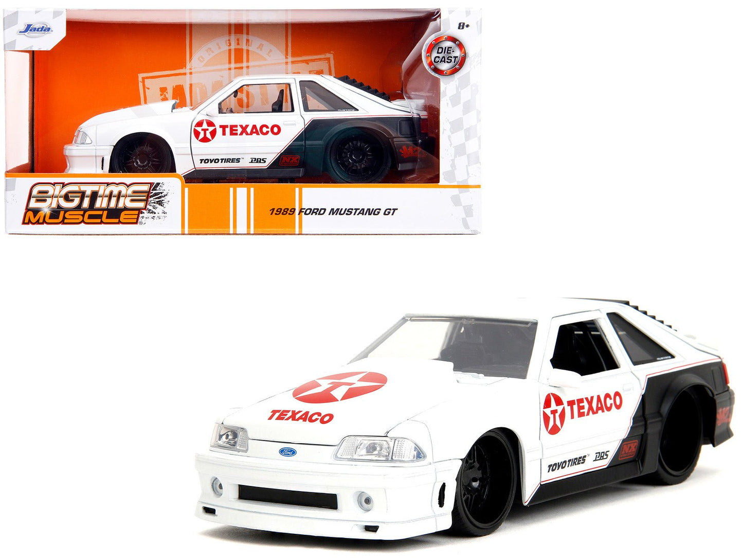 1989 Ford Mustang GT "Texaco" White and Matt Black with Graphics "Bigtime Muscle" Series 1/24 Diecast Model Car by Jada free shipping USA