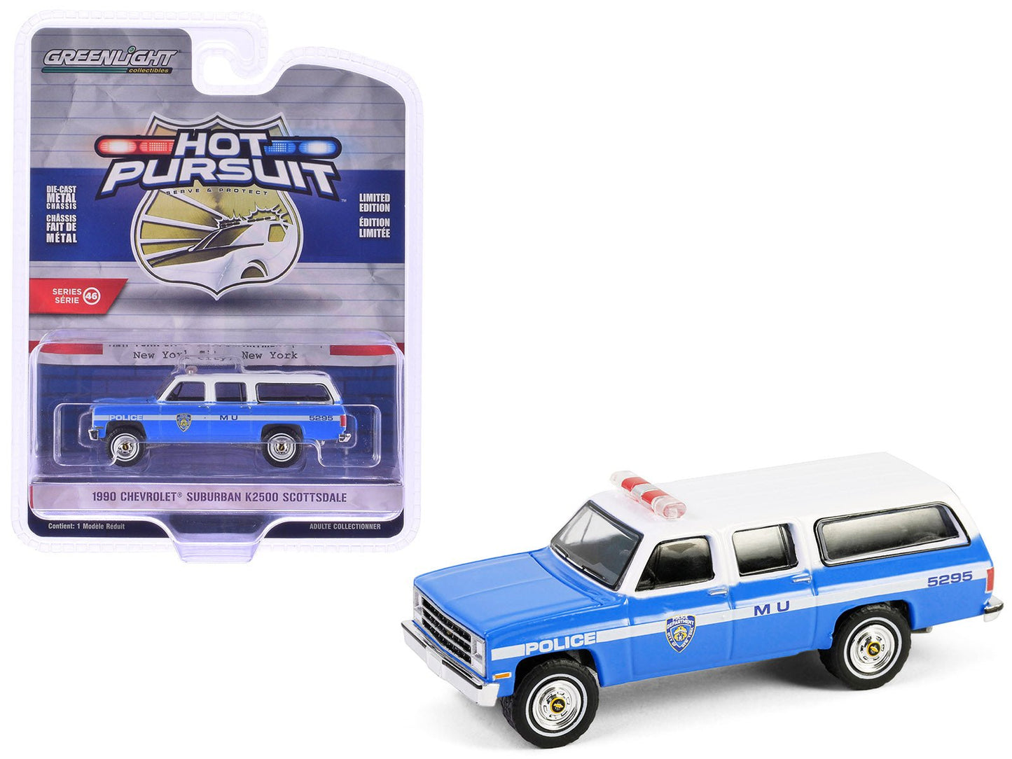 1990 Chevrolet Suburban K2500 Scottsdale "NYPD (New York City Police Department)" Blue with White Top "Hot Pursuit" Series 46 1/64 Diecast Model Car by Greenlight free shipping USA