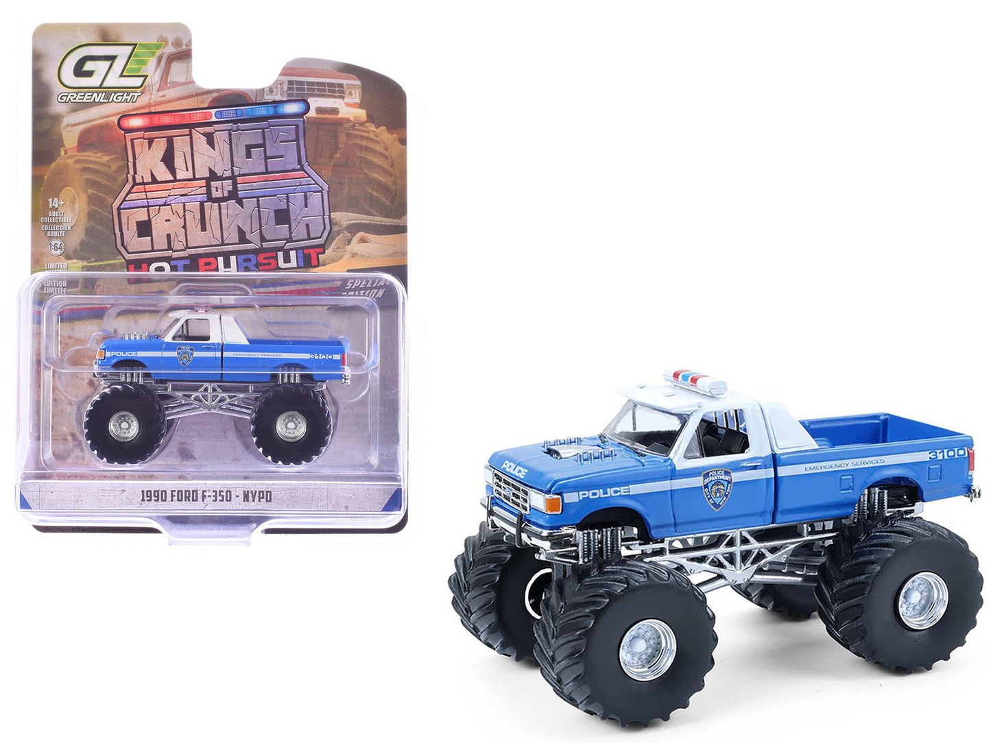 1990 Ford F-350 Monster Truck "NYPD (New York Police Department)" Blue with White Top "Kings of Crunch - Hot Pursuit" Special Edition 1/64 Diecast Model Car by Greenlight free shipping USA