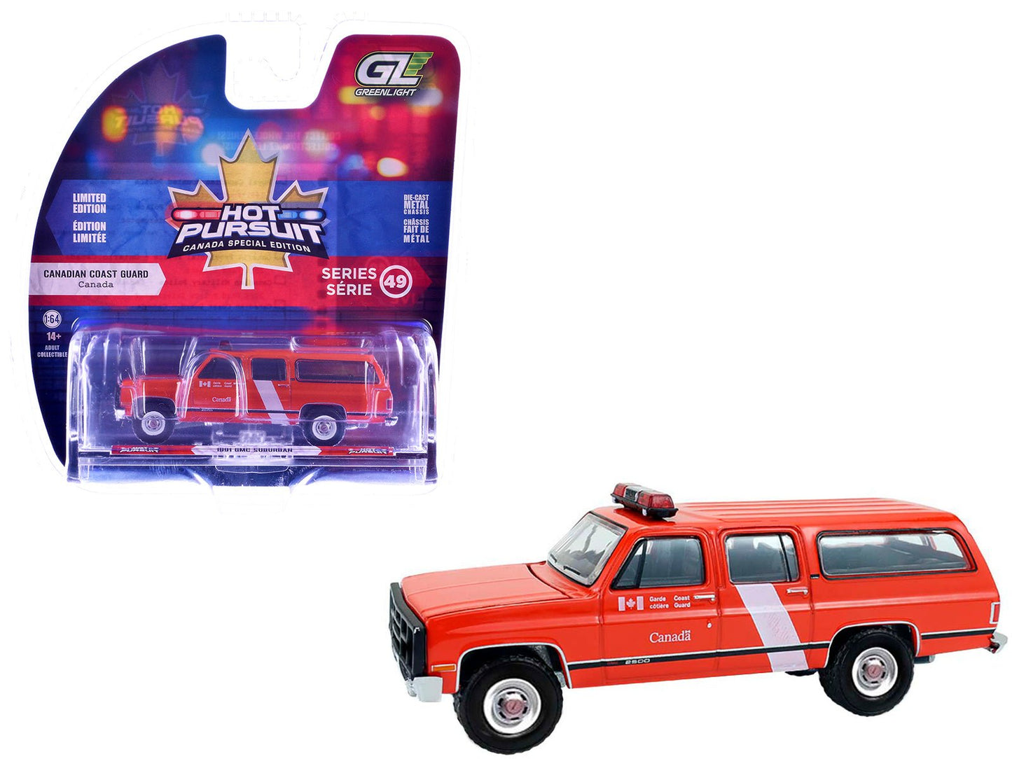 1991 GMC Suburban "Canada Coast Guard" Red with White Stripes "Hot Pursuit - Canada Special Edition" Series 1/64 Diecast Model Car by Greenlight free shipping USA