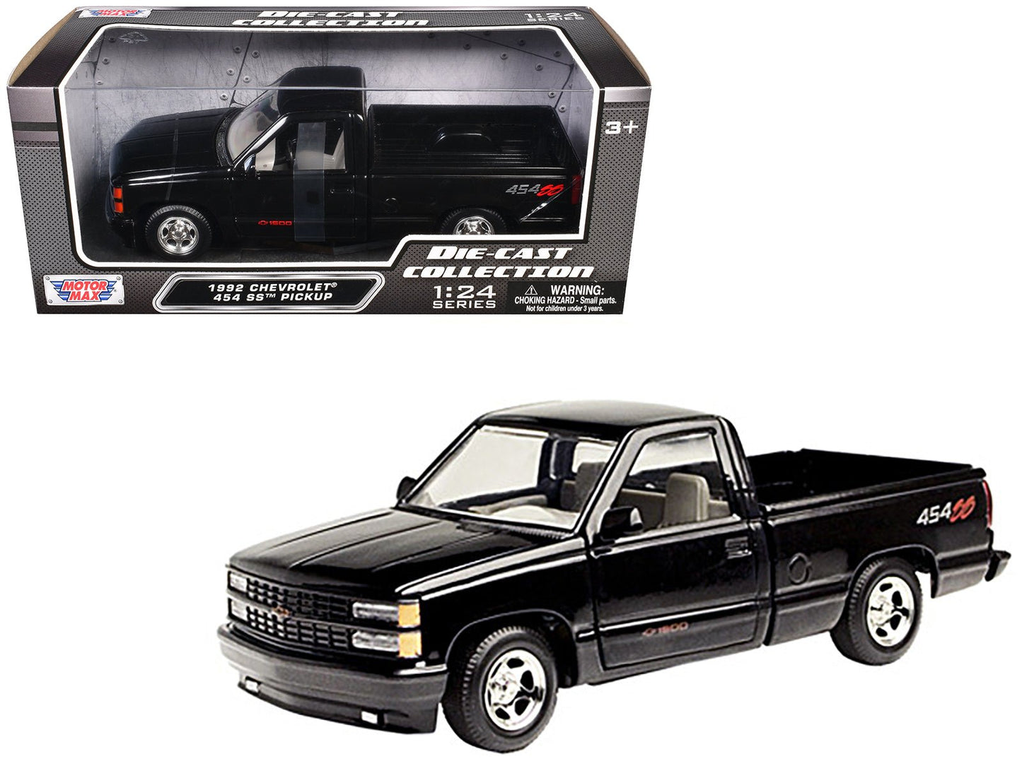1992 Chevrolet 454 SS Pickup Truck Black 1/24 Diecast Model Car by Motormax free shipping USA