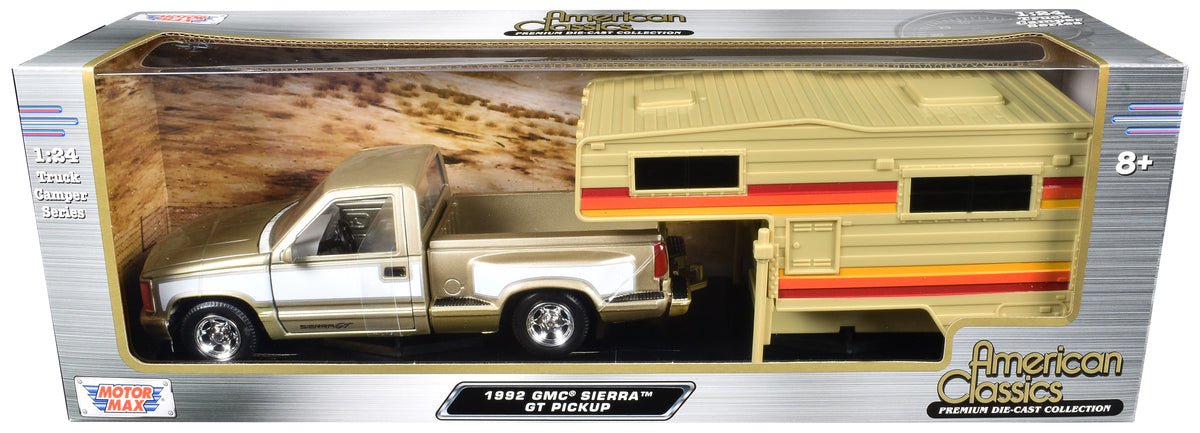 1992 GMC Sierra GT Pickup Truck Gold Metallic with White Sides with Camper Shell "American Classics" Series 1/24 Diecast Model Car by Motormax free shipping USA
