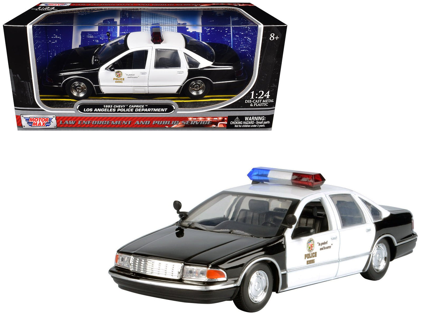 1993 Chevrolet Caprice Police Car "LAPD (Los Angeles Police Department)" Black and White "Law Enforcement and Public Service" Series 1/24 Diecast Model Car by Motormax free shipping USA