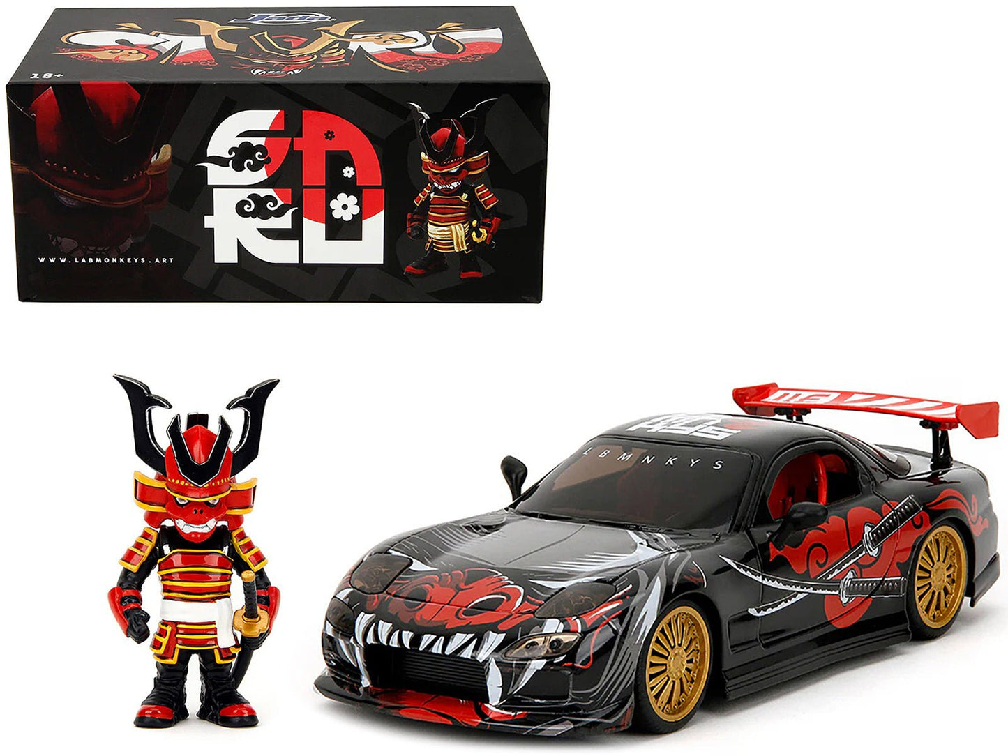 1993 Mazda RX-7 Black with Graphics "Lab Monkeys" with Saru Diecast Figure "Hollywood Rides" Series 1/24 Diecast Model Car by Jada free shipping USA