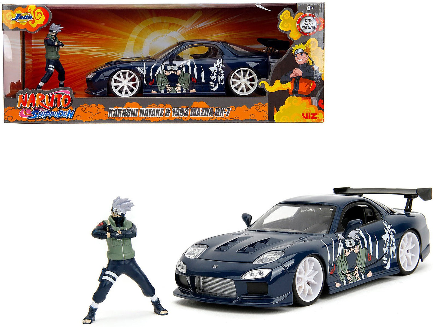1993 Mazda RX-7 Dark Blue with Graphics and Kakashi Hatake Diecast Figure "Naruto Shippuden" (2009-2017) TV Series "Anime Hollywood Rides" Series 1/24 Diecast Model Car by Jada free shipping USA